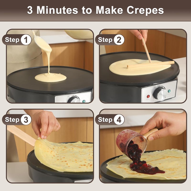 UVFAST Electric Crepe Maker 12'' & Griddle - Non-Stick Pan With Spreader for Roti, Tortilla, Blintzes, Pancakes - Adjustable Temperature, 1000W - Image 2
